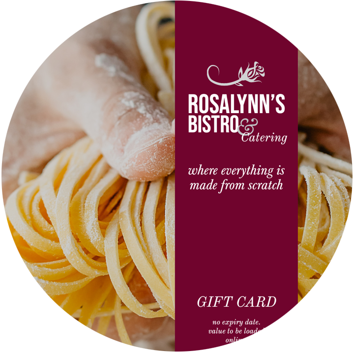 Photo shared on Rosalynn's Bistro & Catering's website showing a gift card design featuring the restaurant's logo and handmade pasta.